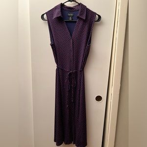 Nicole Miller navy and red polka dot midi dress. Size 2